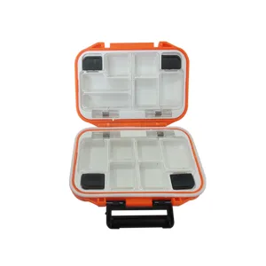 Portable double-sided fishing tackle box for lures and hooks with clear compartment lids.
