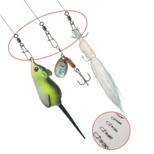 Fishing lure set featuring frog bait, spinner, feather lure, and assorted swivel snap connectors.