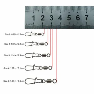 Detailed size comparison chart of fishing snap swivels with ruler scale and dimensions.