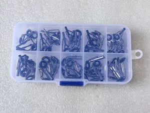 Fishing rod guide set detail, stainless steel ceramic tip top rings assortment in box.