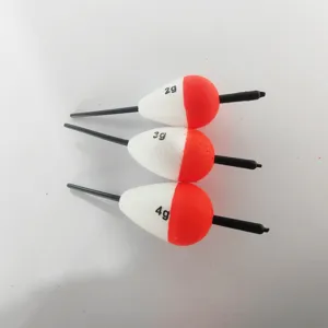 Set of 3 red white foam fishing floats bobbers with 2g 3g 4g weight marks for sea fishing tackle.