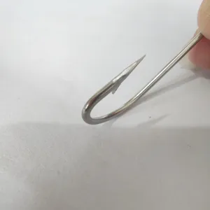 Stainless steel fishing hook with long shank and barbed design for sea fishing and marine tackle.