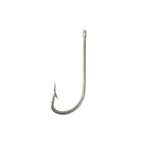 Stainless steel long shank fishing hook with eye, barbed sea fishing gear main view.