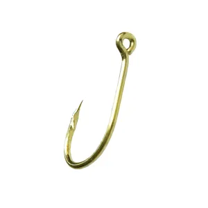 Golden barbed fishing hook with eyelet ring, durable metal tackle for outdoor fishing.