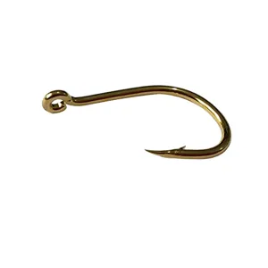 High carbon steel gold fishing hook with eye and barb, durable sharp fishing tackle equipment.