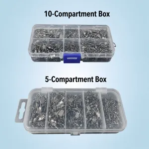Caja de pesca transparente con compartimentos con esmerejones y conectores metálicos.