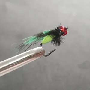 Professional fishing fly lure with green black feather and red bead bait for trout.