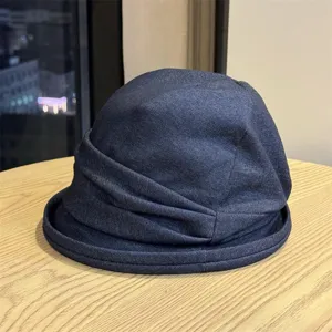Retro pleated denim bucket hat for women autumn winter slouchy sunshade fashion hat