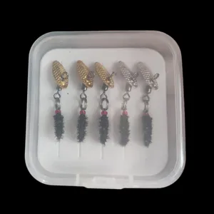 5pcs trout fishing lures set with micro spinner spoons and artificial fly hooks in box.
