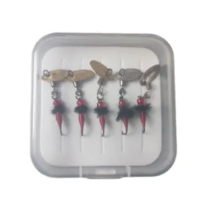Boxed fishing lure spinner set with five micro fly hooks and blades for outdoor fishing.