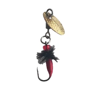 Señuelo de pesca micro cuchara giratoria con hoja dorada cuerpo rojo y anzuelo de mosca.
