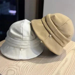 Autumn solid color minimalist short brim bucket hat with unique pleated design for women.