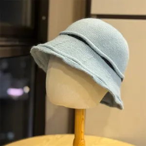 Sombrero de cubo de punto azul claro para mujer, sombrero cálido de otoño e invierno.
