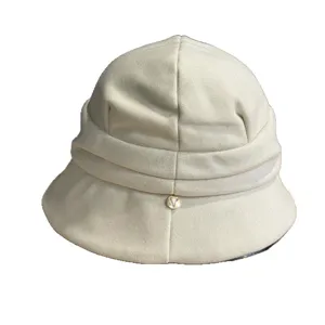 Beige solid color bucket hat for women, autumn casual short brim folded dome hat.