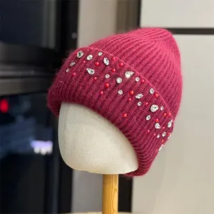 Donne Berretto in Maglia Caldo Ispessito Strass Perle Artificiali Decorato Inverno Cappello Tempo Freddo