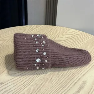Berretto in maglia semplice con strass da donna, cappello in lana caldo e spesso con decori.