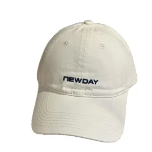 White washed cotton baseball cap with curved brim, soft crown, and stylish front embroidery.