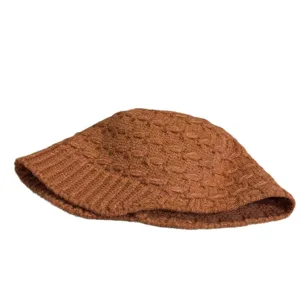 Women winter warm thick knitted bucket hat brown cozy casual fashion wool cap main view