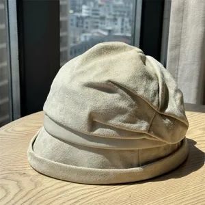 Retro suede slouchy bucket hat for women, casual wide brim autumn winter warm basin cap fashion.