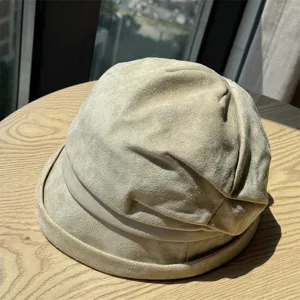 British vintage pleated suede hat for women, wide brim basin hat, casual autumn winter warm cap.