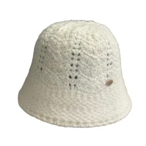 White knit crochet bucket hat breathable hollow out summer sun hat casual beach cap