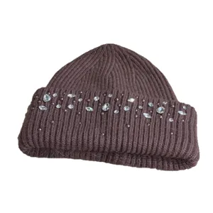 Donna berretto in maglia con strass invernali caldo spessa lana cappello casual chic