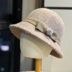 French Retro Wool Blend Felt Bucket Hat For Women Autumn Winter Solid Color Warm Elegant Cloche Hat With Bowknot Pompom Decor
