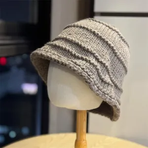 Women's Vintage Pleated Knit Bucket Hat Blended Wool Winter Warm Cap Fashionable Casual Foldable Fisherman Hat For Outdoor Daily