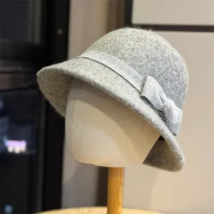 Grey wool bucket hat for women, elegant winter warm vintage style felt basin hat chic style.