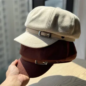 British Vintage Newsboy Hat For Women Autumn Winter Warm Woolen Octagonal Cap Fashion Baker Boy Beret With Metal Buckle Accessory
