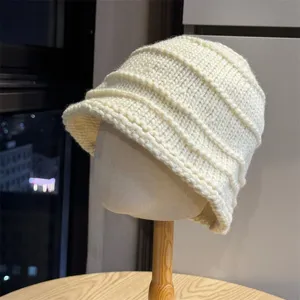 Vintage pleated knit bucket hat for women winter casual warm blended wool woolen cap solid.