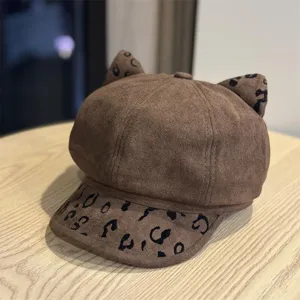 Retro Wildleder Katzenohren Leo Newsboy Kappe Damen Herbst Winter Baskenmütze stilvoll