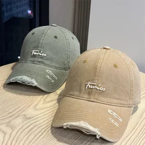Japanese Style Letter Embroidery Distressed Soft Top Baseball Cap Unisex Casual Washed Cotton Adjustable Curved Brim Dad Hat