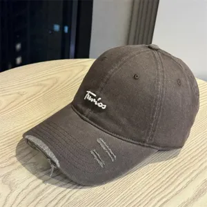 Brown distressed baseball cap for women and men, cotton vintage washed dad hat with white embroidery.