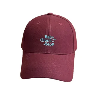 Burgundy baseball cap with blue embroidered Baby Don't Stop letters, stylish hat for daily.