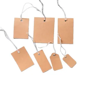 Blank kraft paper hang tags with strings, assorted sizes for clothing, gifts and DIY pricing.