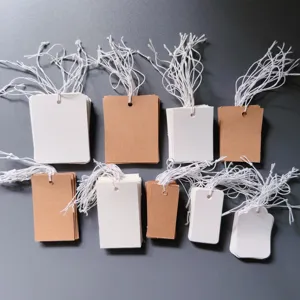 Blank hang tags detail shot, kraft paper and white cardstock with elastic string cords.