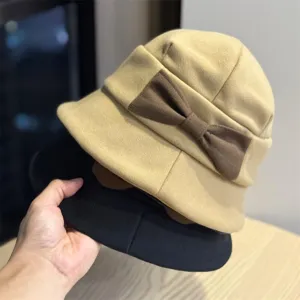 Vintage καπέλο bucket με φιόγκο για γυναίκες χειμώνας ζεστή μόδα casual fleece