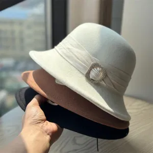 French vintage wool felt bucket hat with elegant rhinestone buckle and ribbon detail stylish.