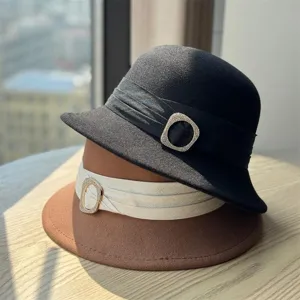 Detail shot of French retro wool felt fedora hat, elegant Hepburn style bucket hat.