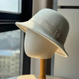 Elegant French vintage wool felt cloche hat, stylish Hepburn style bucket hat for women detail.