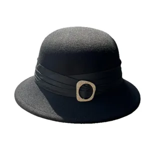 Black wool felt bucket hat French retro cloche hat with satin band and rhinestone buckle main