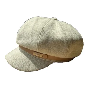 Vintage wool newsboy cap for women, chic retro octagonal hat with leather strap for autumn winter.