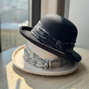 Wool felt bowler hat for women, vintage french style winter hat with paisley scarf.