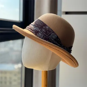 Women autumn winter wool felt bucket hat retro british style cloche hat with paisley ribbon