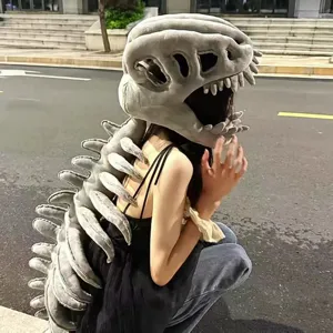 Detailed view of gray dinosaur skeleton plush headgear and spine costume toy worn outdoors.