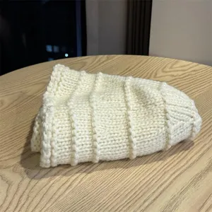 Vintage pleated knitted beanie hat for women winter casual warm solid color wool blend cap