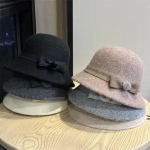 Women's French vintage wool felt bucket hat solid color warm elegant bow hat new style