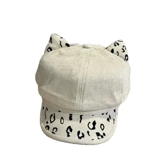 Vintage stylische Katzenohr Leo-Muster Schiebermütze Damen Herbst Winter Velours Beret