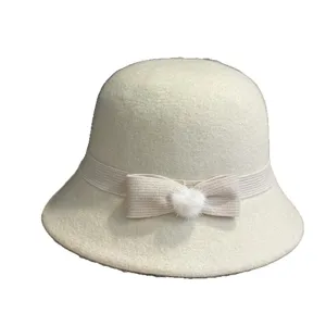 French vintage wool bucket hat for women winter warm solid color casual elegant bowknot hat